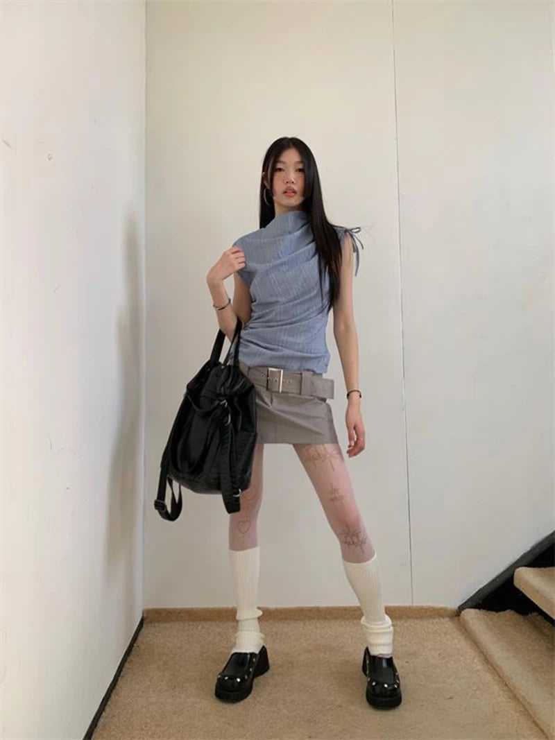 Zoki Streetwear Y2K Slim Tanks Women Shirring Vintage Casual Tops Summer Sleeveless Female Retro Half Turtleneck Harajuku Tanks