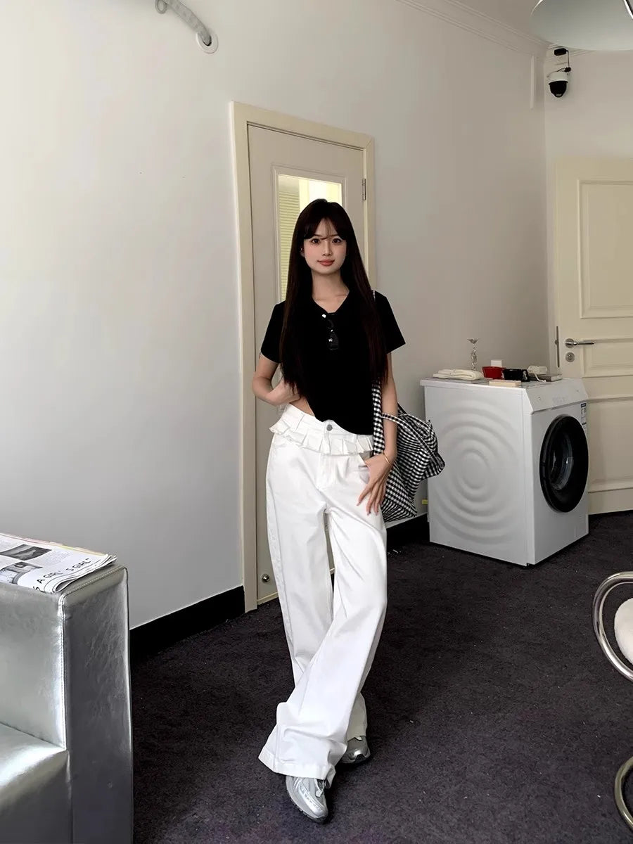 Casual Patchwork Pleated Wide Leg Pants Loose Solid High-Waisted Straight Pants Women Fashion Streetwear Lady Jeans