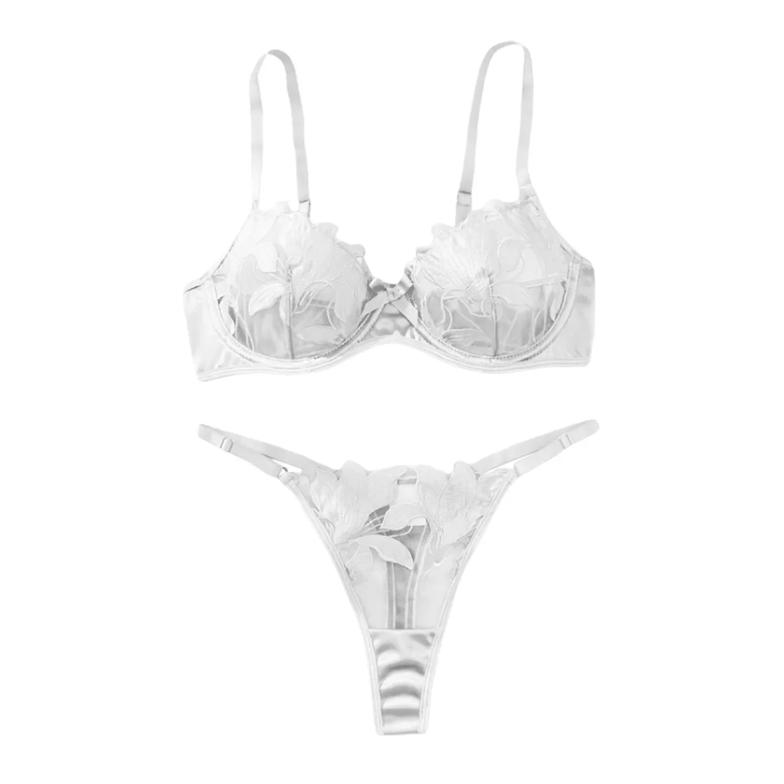Women'S 2 Piece Lingerie Set Floral Embroidered Lace Sexy Satin Mesh Ingerie Bra And Panty Set Negligee Lingerie Sexy