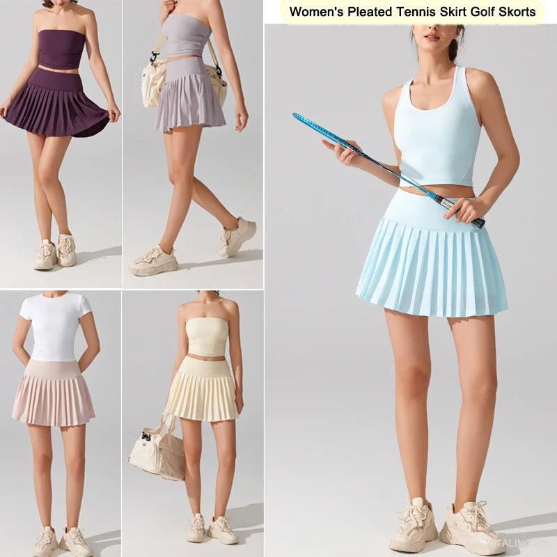 VITALINOVO Pleated Tennis Skirt for Women with Pocket Shorts Women's High Waisted Lightweight Athletic Golf Skorts Skirts Flowy