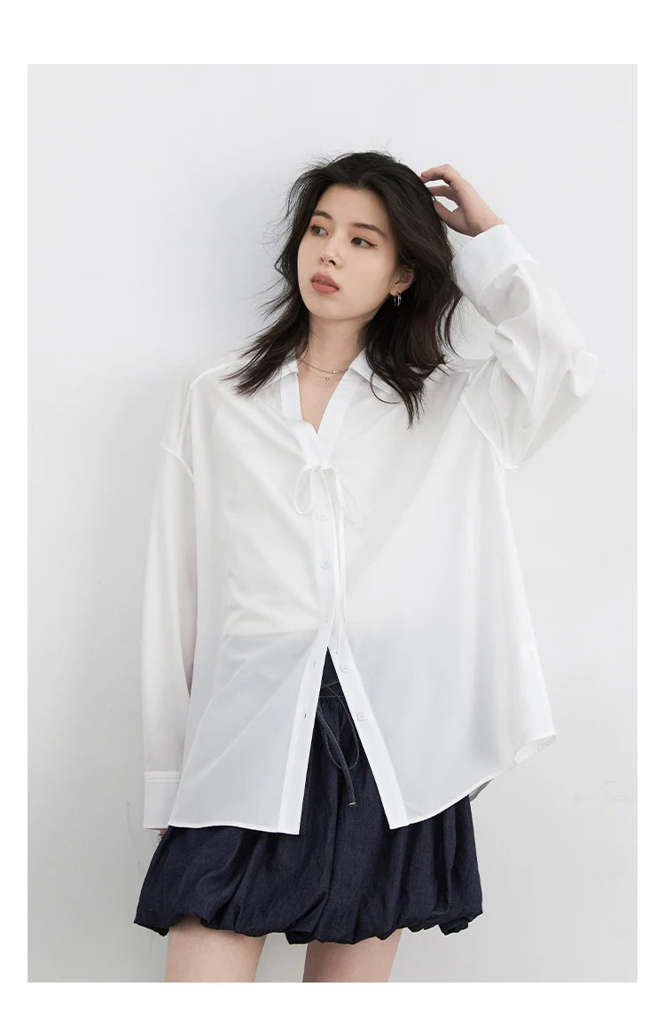 CHIC VEN Women Shirt Loose Casual Solid New Lapel Tie Design Sun Protection Blouses Long Sleeved Female Coat Summer 2025