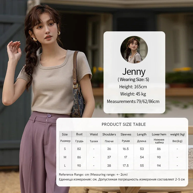 MISHOW Short Sleeve T-shirts Women Spring Solid Square-neck Top Elegant Woman Clothes Office Lady Cotton Tees MXC12T0641