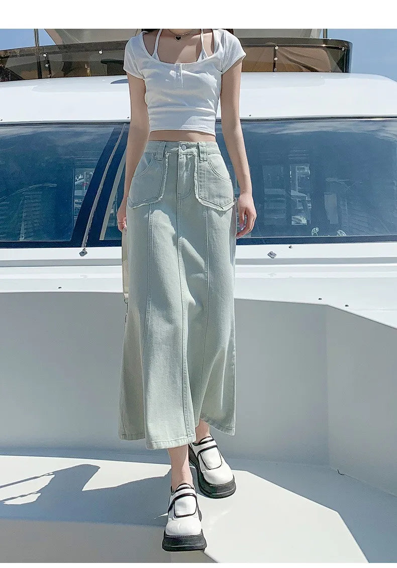 GUUZYUVIZ Denim Skirts Womens Summer Casual High Waisted Pocket Midi Skirt Ladies Korean Fashion Mermaid Skirt Female