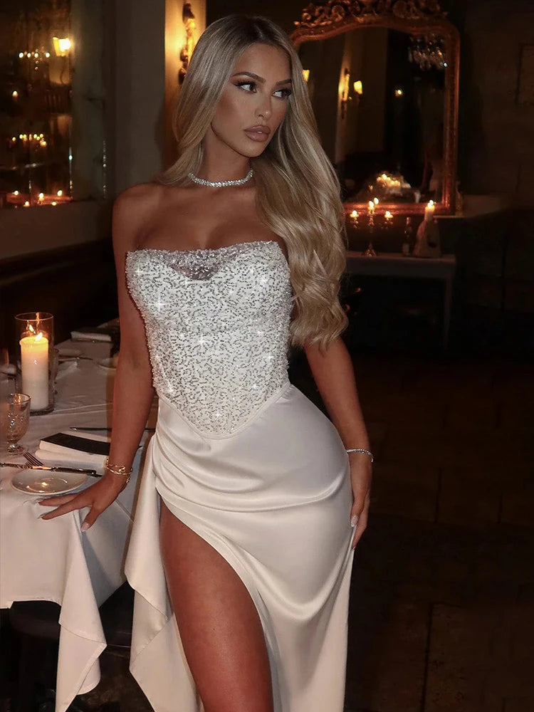 Weird Puss Prom Elegant 2 Piece Set Women Sequins Patchwork Backless Tube Tops+Ruched Slits Long Skirts Matching Sexy Trend Suit