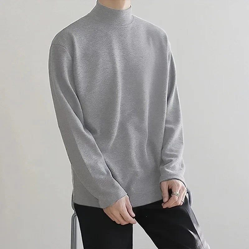 Men's Versatile Warm Flannel Double-Sided Inner Layer Top Half Polo/Turtle Neck Solid Color Long Sleeve Casual Spring Autumn