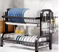 Kitchen 2nd floor storage cutlery and bowl rack set with cutlery rack, large anti rust cutlery drainage board