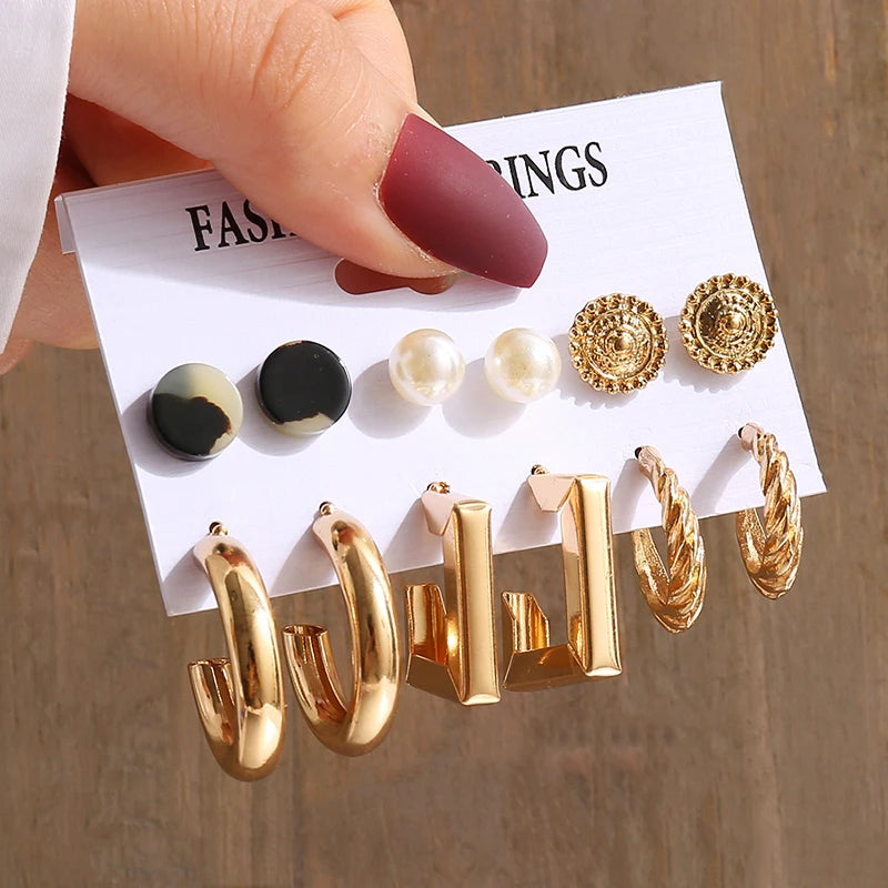 Gold Color Vintage Geometry Pearl Earrings Set Metal Twine Square Dangle Earrings Round for Women Simple Trendy Party Jewelry