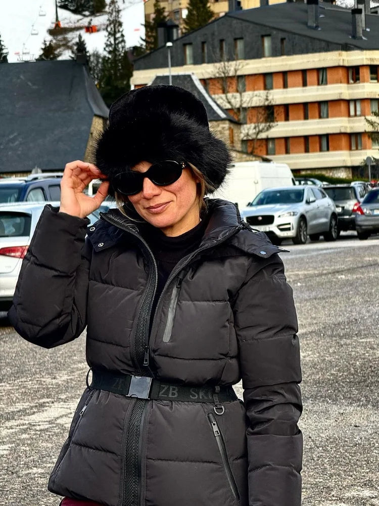 Fashion Hooded Padded Coats With Belt Women Slim Stand Collar Full Sleeve Pocket Coat Winter Lady Thicken Warm Skiing Jacket