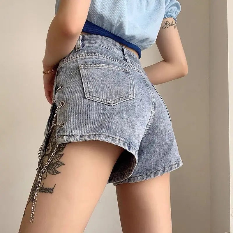 Oversized Chain Jeans Female Fashionable High Waist Irregular Trend Sexy Slim Shorts Women Clothes Fashion Zipper Wide Leg Pants