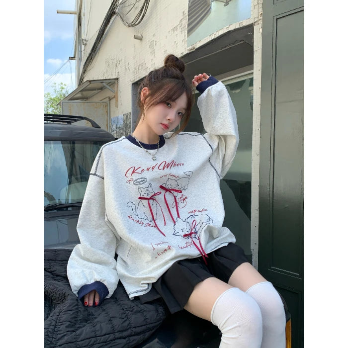 Ele Loose Long Sve Hoodie Women's Faion Design  Knot Print Top Trendy Autumn New Sle Korean System