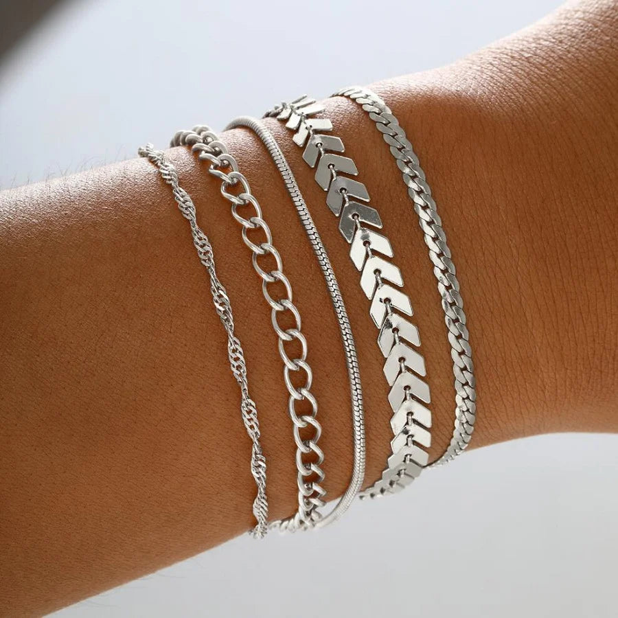 15 Piece Set Silver Color Chain Bead Bracelets for Women Simple Elegant Vacation Beach Party Casual Jewelry Versatile Daily Wear