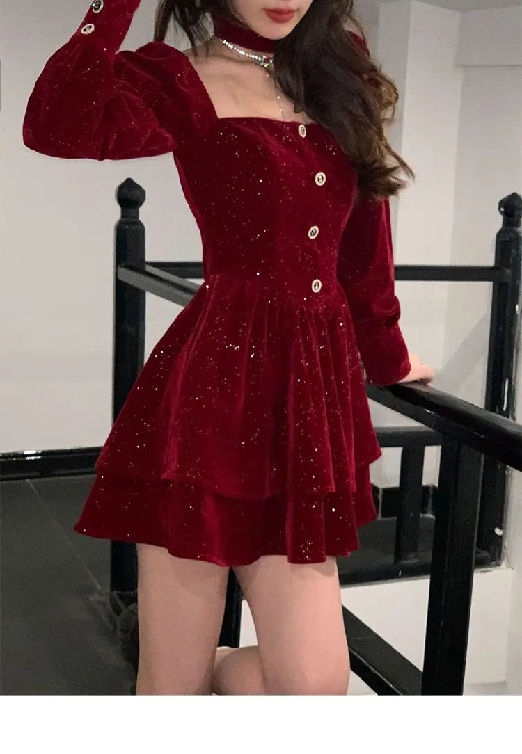 Women's Slim Fit A-line Velvet Dress, Christmas Clothes, Square Collar, Long-sleeved, Red, Sweet, Hot Girl, Autumn Winter