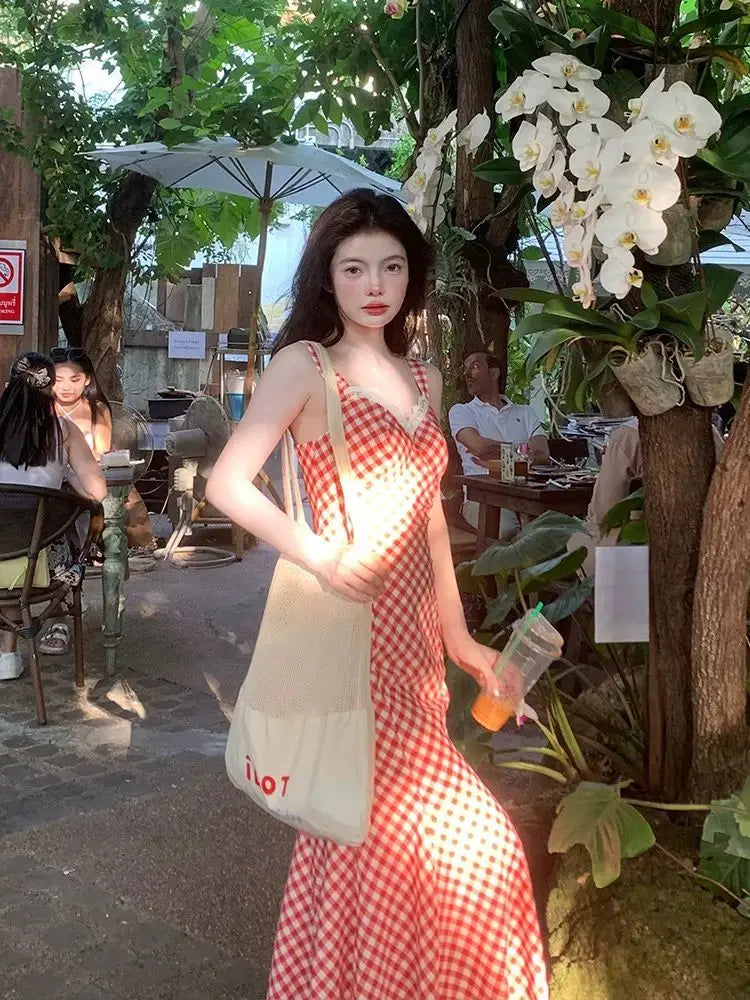 Women Summer Red Plaid Maxi Dress Spaghetti Strap Lace Trim Ruffle Hem Slim Fit Long Dress Elegant Vacation Beach Outfit 2025