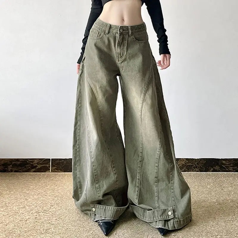 Retro Fashion Old-segmented Denim Cargo Pants Low Waist Loose American Street Harajuku Casual Jeans Women Unisex Wide-leg Pants