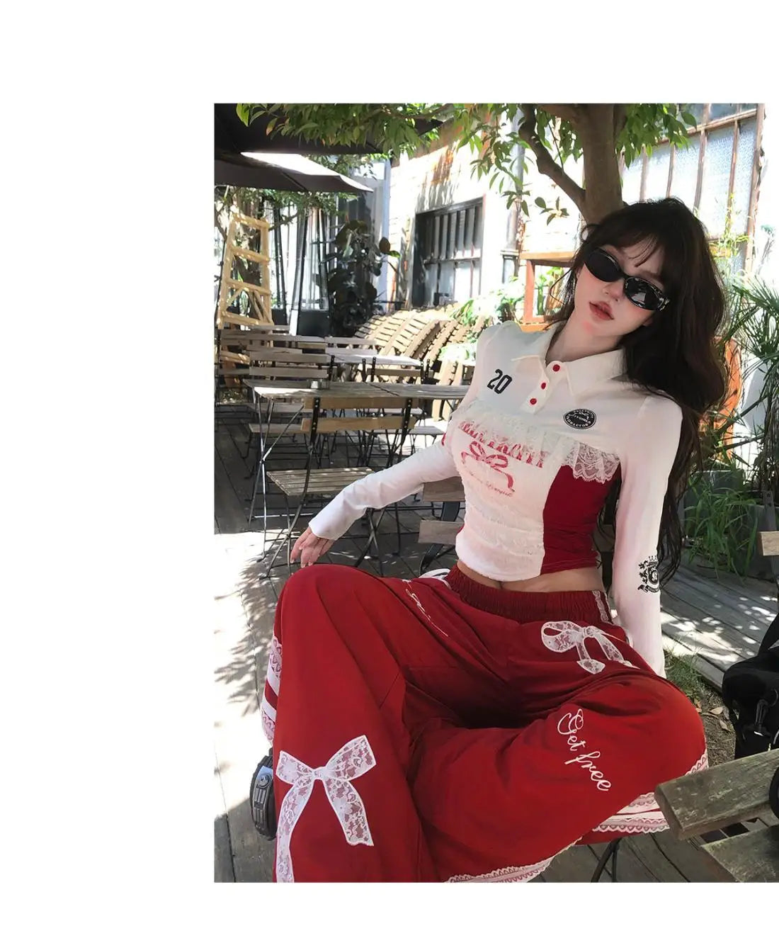 Dophee Original Spice Girls Elastic Waist All-match Loose Straight Wide Leg Pants Cute Bow Printed Splicing Lace Casual Trousers