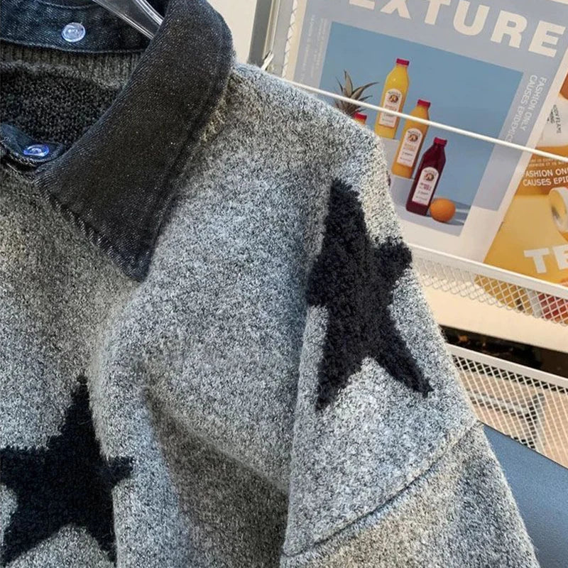 Zoki Star Print Y2K Sweaters Women American Red Patchwork Knitted Jumpers Tops Loose Female Design Turn Down Collar Pullovers