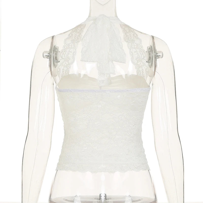 Cuteandpsycho Sexy Lace Patchwork Y2K Camisoles Backless Transparent Slim Outfits Party 90s Vintage Clubwear Halter Neck Tops
