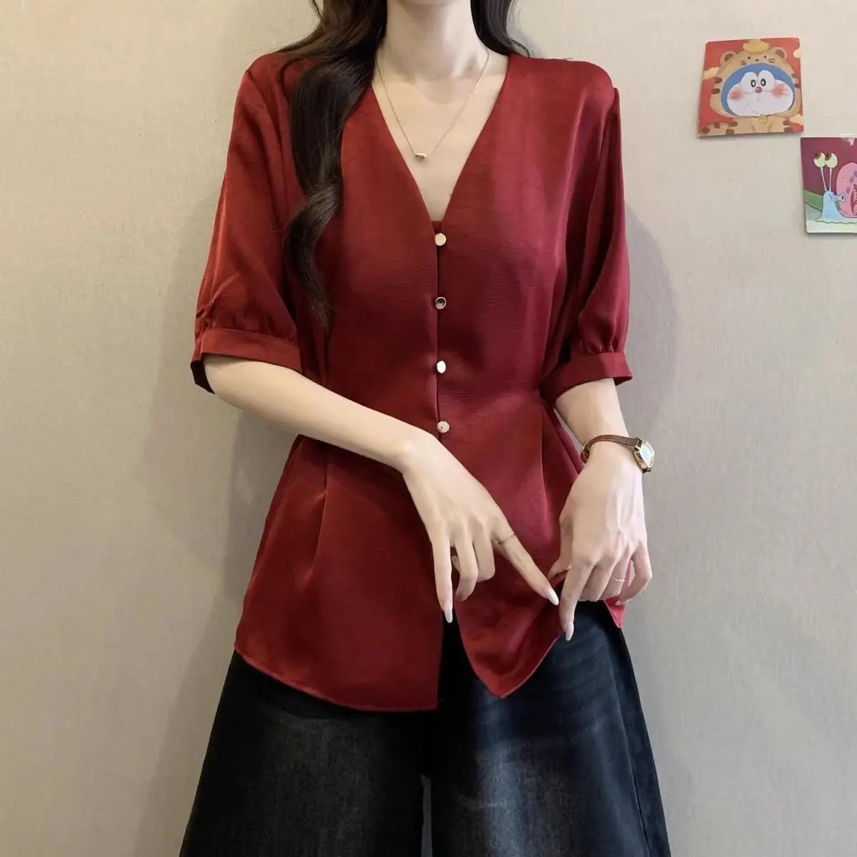 Women Clothes Summer Fashion Korean Button Solid Color V-neck Puff Sleeve Female Simplicity Elegant Temperament Short Sleeve Top