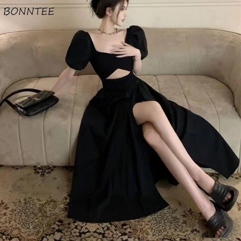 Short Puff Sleeve Black Dress Women Hollow Out Design Split Square Collar Temper Korean Style Fashion Ladies Attractive Ulzzang