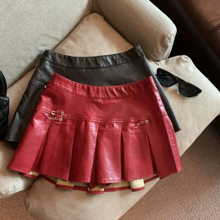 American PU Leather Pleated Skirt Women Slim High-waisted Design Mini Skirt Red Black