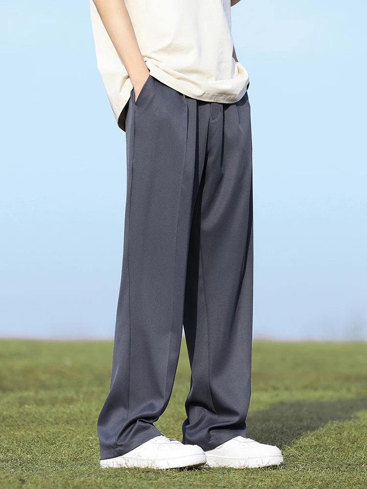 Summer Korean Men's Pants Light&Thin Polyester Elastic Waist Semi-Wide Loose Slacks Drape Suit Pants Male Casual Trousers