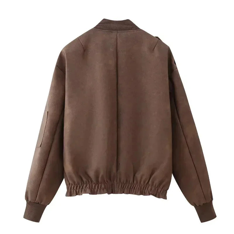 2025 Autumn Women's Leather Jacket, Personalized Street Style Women's Casual Round-neck Zipper Flight Commuting Jacket