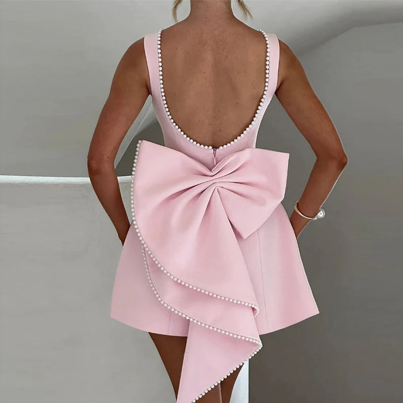 Fashion O Neck Waist Solid Short Dress Pearl Patchwork Slim Women A-line Dress Sexy Hollow Out Backless Bow Party Dress Vestidos
