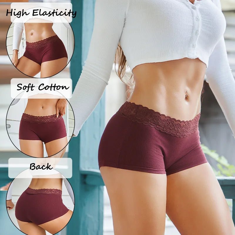 3Pcs Women's Cotton Lace Panties Boxers Seamless Boxer Underwear Female Solid Color Briefs Cozy Lingerie Intimate Underpant S-XL