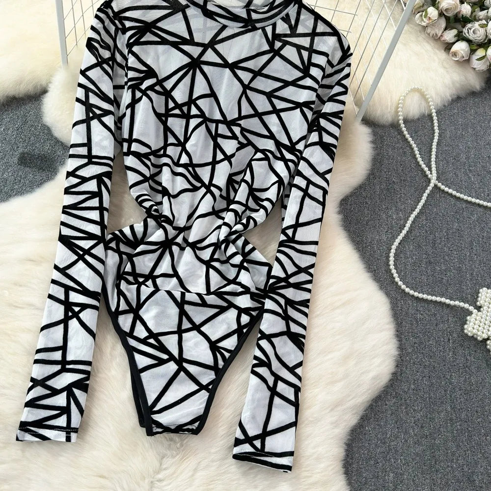 Foamlina Sexy Hollow Out Mesh Bodysuits for Women Fashion Striped Print Stand Collar Long Sleeve Slim Fit Club Party Jumpsuits
