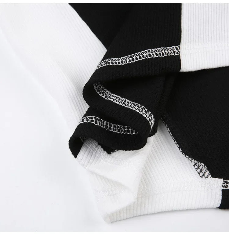 Summer New Pure Desire Spicy Girl Patchwork Contrast Color Embroidery Slimming Zipper Short Sleeve T-Shirt Women's Top