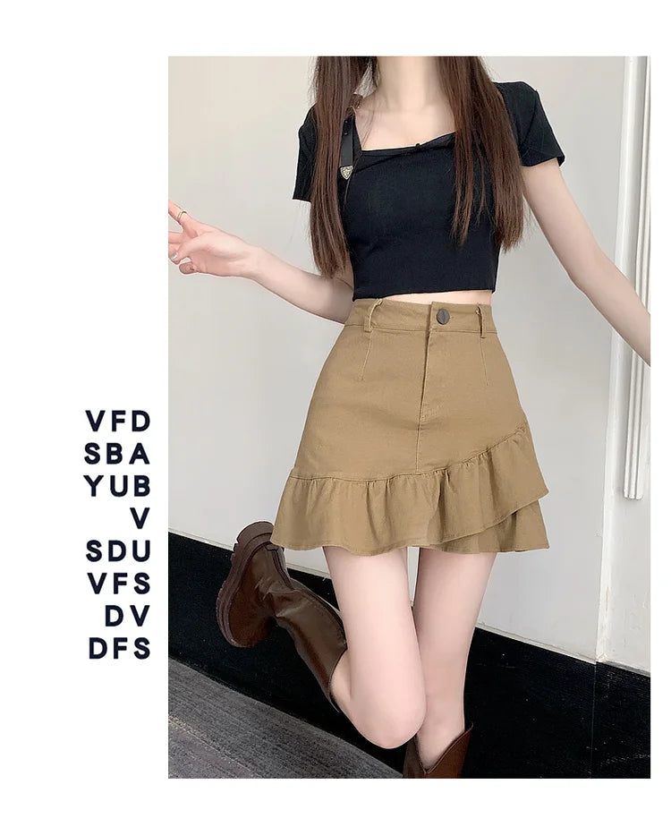 High Waist A-Line  Skirt Women's Spring Summer Denim f-length Skirts with Lace Hemline Cotton Polyester Blend