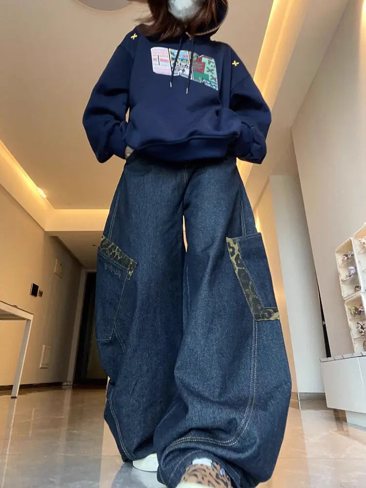 Retro High Street Loose Fit Deep Blue Wide Leg Jeans for Women with Slimming Flare Design Perfect for Autumn Winter Casual Style