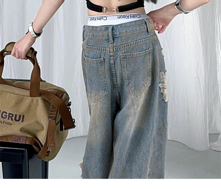 Kids Child American Vintage Washed and Distressed Jeans with Side Hole For Girl High Street Fashion  Wide Leg Broken Denim Pants