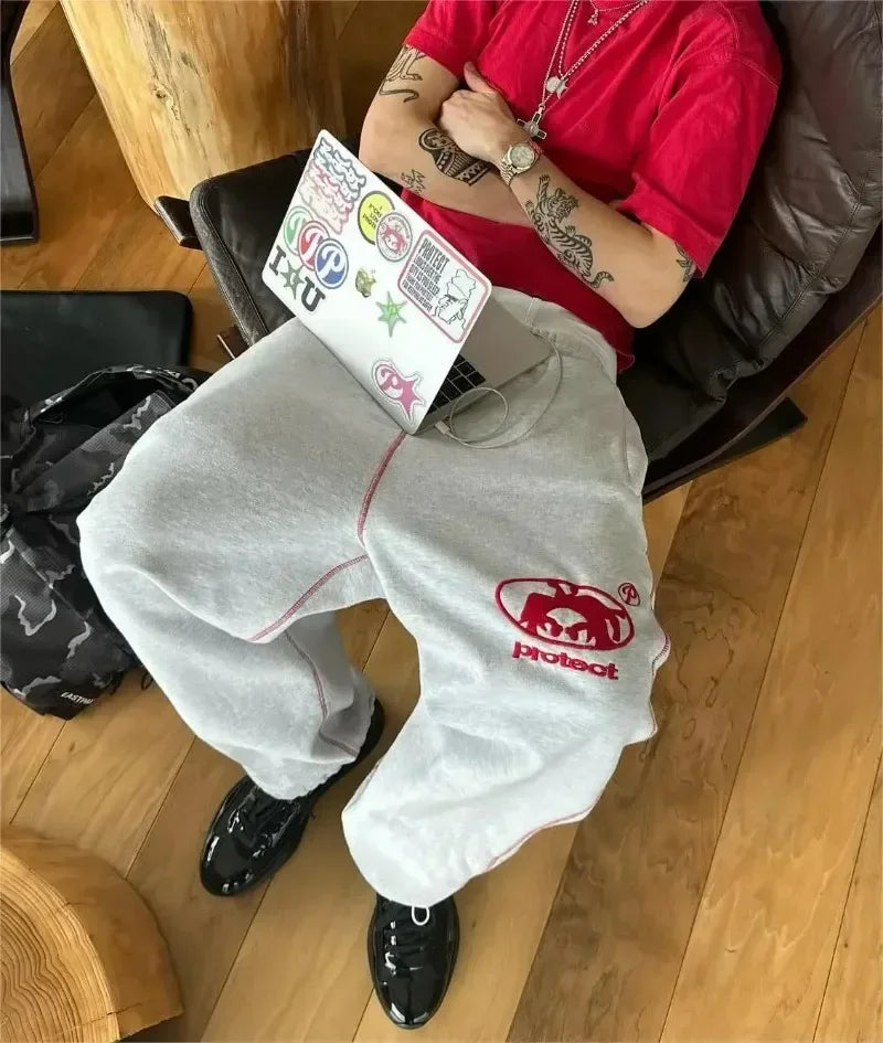 Street wear PROTECT Fashion Letter Embroidery Loose Sweatpants Men's And Women's Y2K Harajuku Hip-Hop Gothic Casual Joker Pants