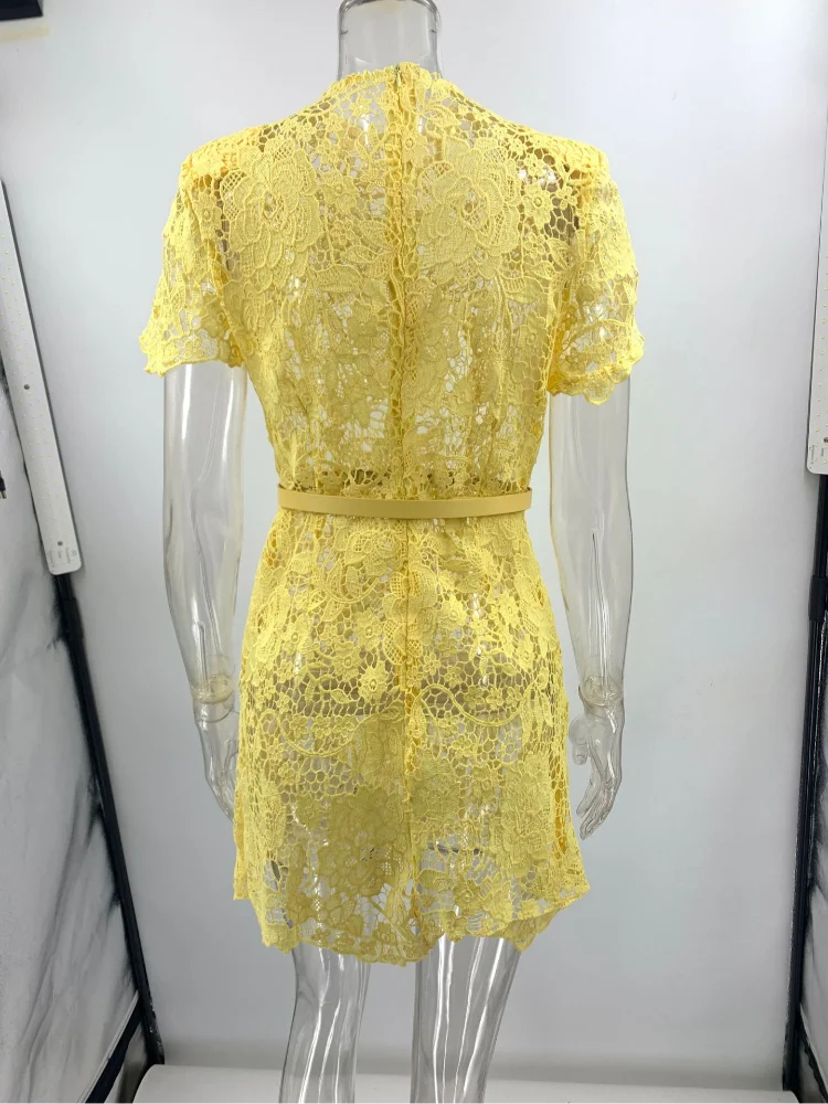 Chic Butter Yellow Lace Print Mini Dress Women's Elegant Short Sleeve O-neck High Waist Gowns 2025 Lady Holidays Street Vestidos