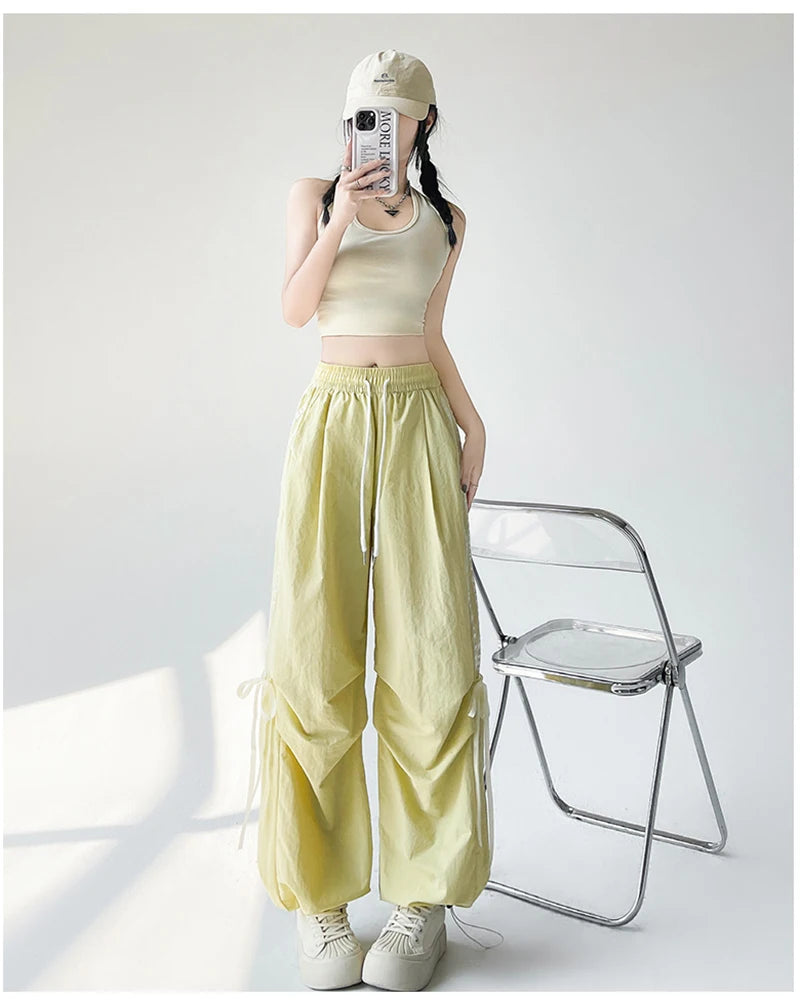 Zoki Dopamine Women Summer Pants Fashion Striped Bow Loose Multicolor Cargo Pants Casual Bf Ladies Trousers New