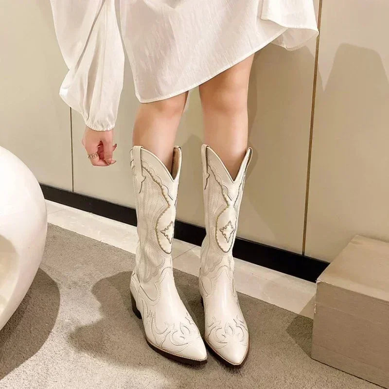 Women's Embroidered Western Mid Calf Boots Cowboy Square Heels Boots Pointed Toe Platform Boots Women Western Shoes Plus Size 42