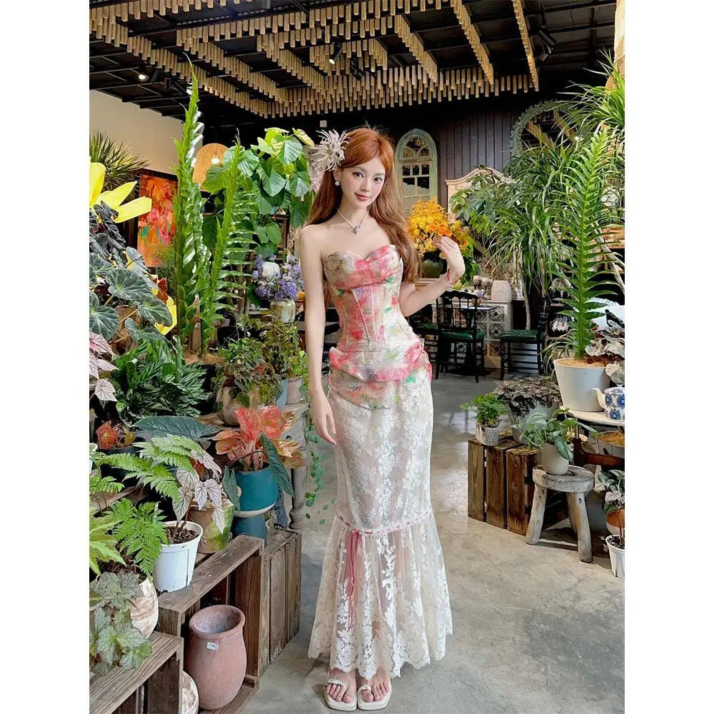 Summer Women Two Piece Set Floral Corset Top and Lace Midi Skirt Elegant Mesh Outfit Slim Fit Vintage French Style Beach Suit