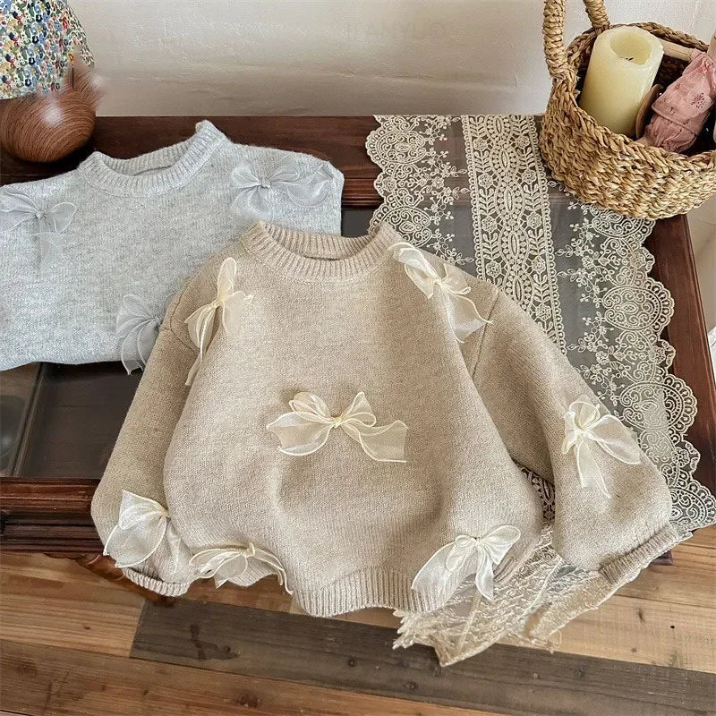 1-10Y Korean Children Clothing Autumn New Girl Baby Toddler Solid Bow Sweaters Winter Fashion Sweet Kid Princess Knitted Sweater