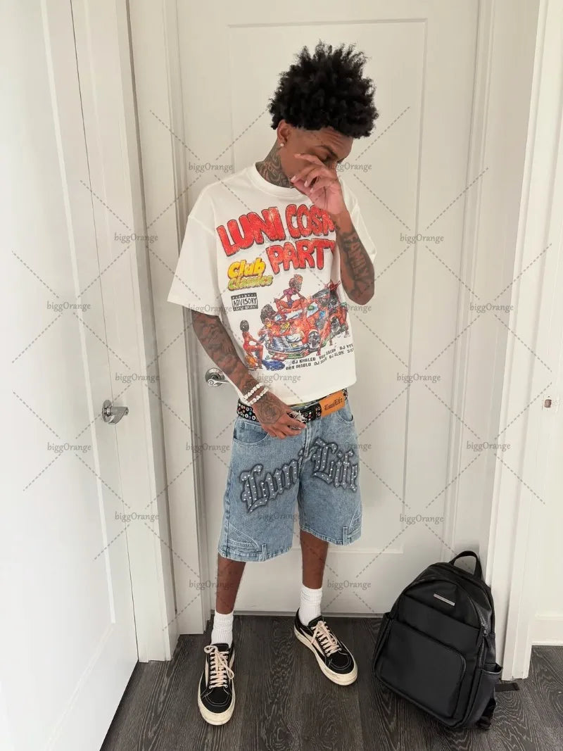 Summer Retro Letters Fashionable Loose Cotton White T-shirt Men American New Street Hip-hop Casual Oversized Short-sleeved Women