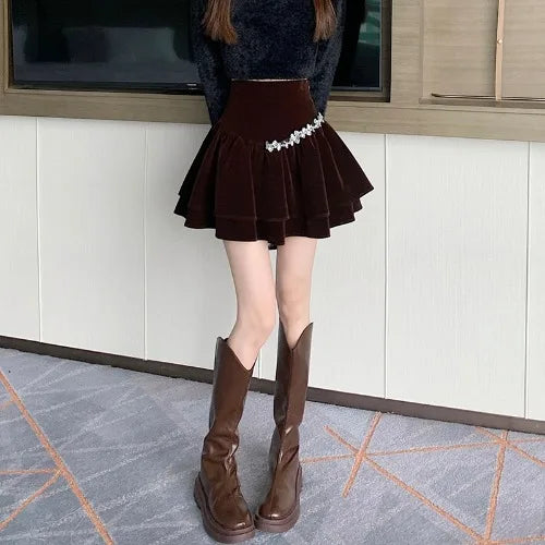 Bla Velvet Cake f Skirt Women's Autumn Winter High Waist A-Line Fluffy ort Skirt Small Size Pleated f Skirt