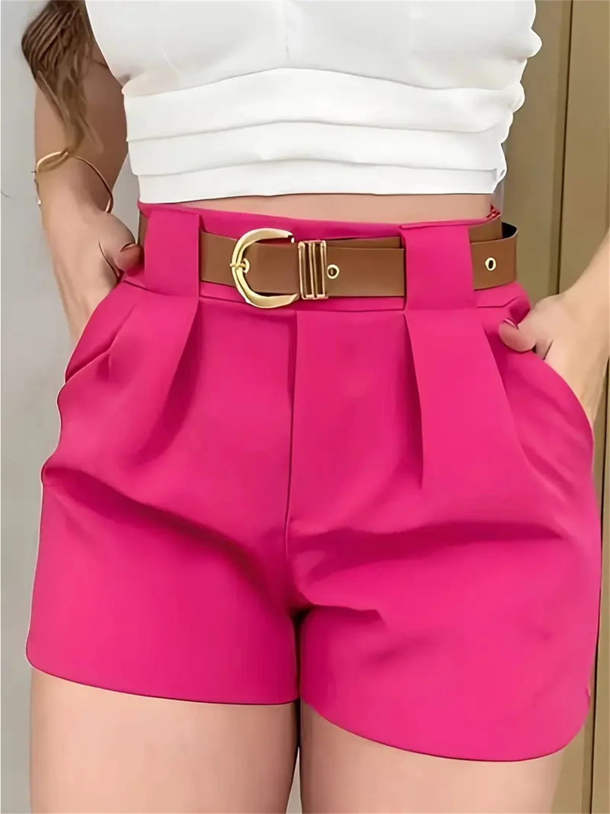 Women Fashion High Waist Shorts Summer Solid Color Pocket Belt Short Pant Elegant Office Lady Clothes Female Casual Street Pants