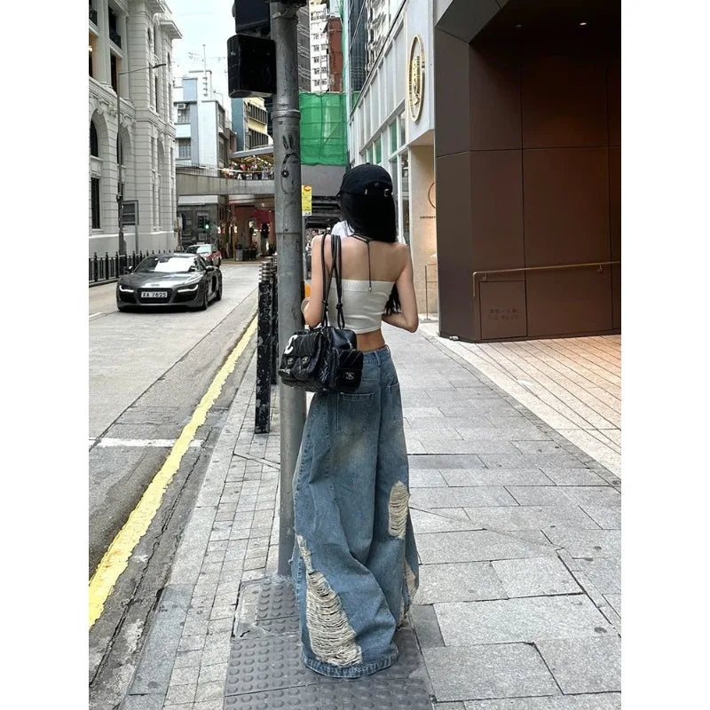 American Style Distressed Washed Jeans Women Summer Y2k Streetwear High Waist Hip Hop Wide Leg Pants 2025 New Casual Loose Jeans