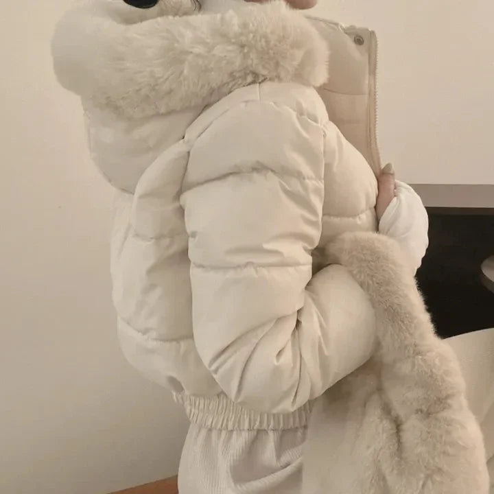 South korea Chic Autumn and Winter Fur Collar Hood Short down Coat Women Fashion Thick Warm Fleece-lined Cotton-padded jacket...