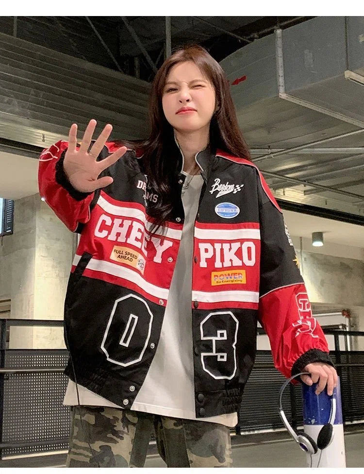 2023 Y2k Red White Bomber F1 Jacket Women Men Biker Racer Jacket Retro Hip Hop Grunge Clothes Trend Oversize Windbreaker Varsity