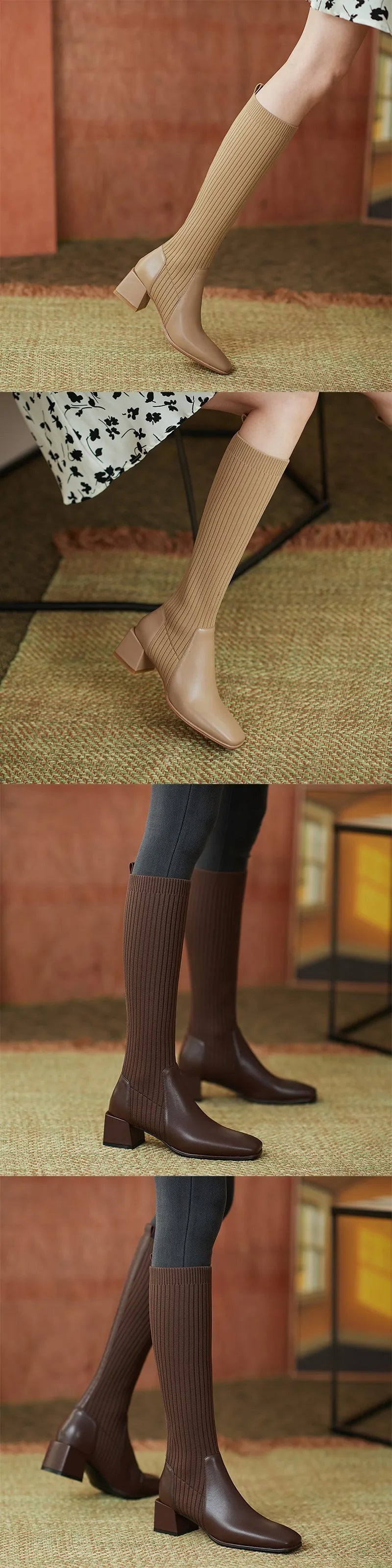 Women's Knee High Boots Luxury Knitted Leather Brown Black Block Heels Warm Classic Elastic Long Boot Winter Shoes Large Size 40