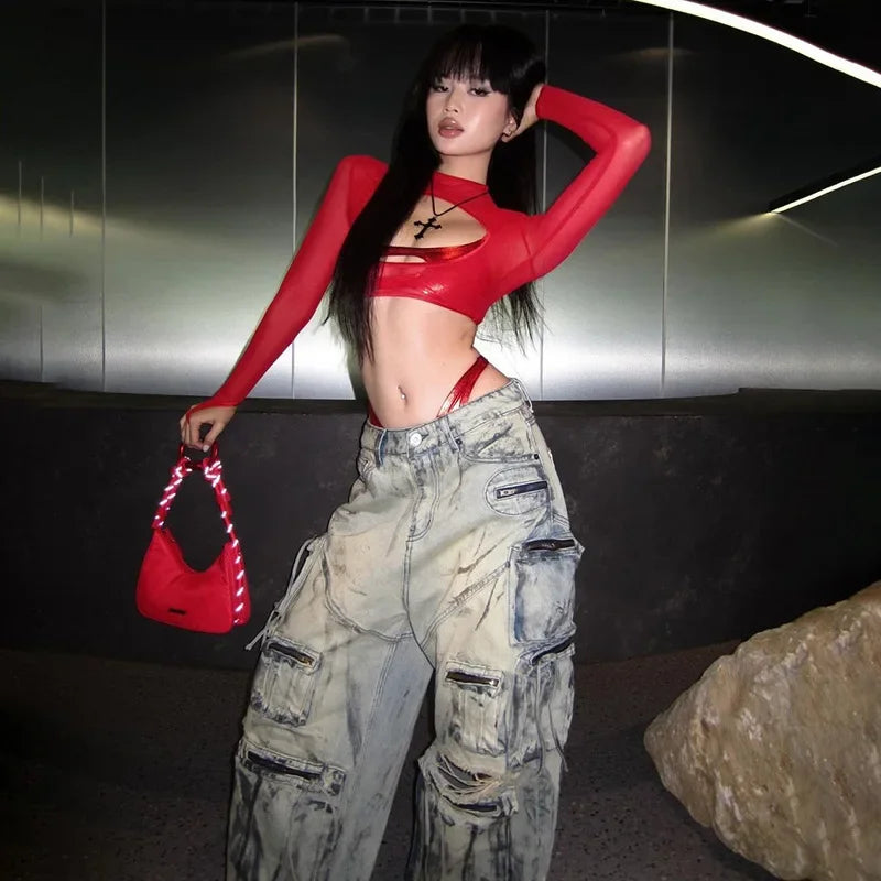 See Through Y2k Clothes Hollow Out Mesh Crop Top Skinny Camisole Mini Ropa De Mujer Rave Outfits 2 Pcs Set T Shirts For Women