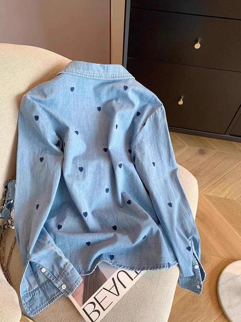 American Retro Blue Soft Denim Shirt Women's Spring Autumn Heart Print Thin Coat Casual Versatile Loose Long Sleeve Top Shirt
