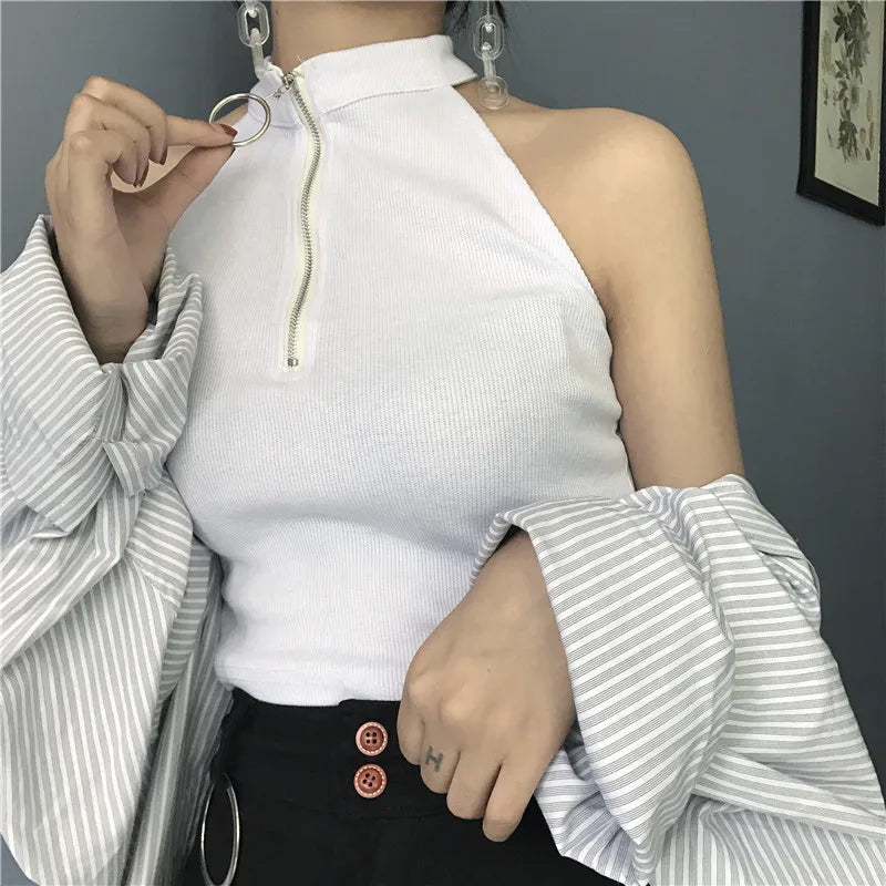 Retro Zipper Crop Tops Women Short Knitted Camisole Sleeveless Leisure Tank Top Camis Summer 2022 New