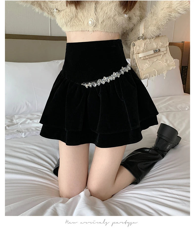 Bla Velvet Cake f Skirt Women's Autumn Winter High Waist A-Line Fluffy ort Skirt Small Size Pleated f Skirt
